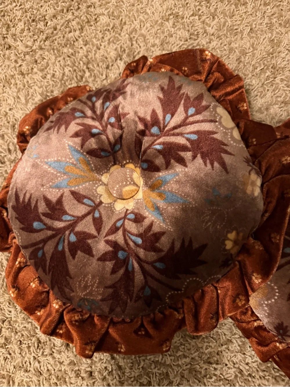 Vintage Velvet Ruffled Tufted Throw Pillows Pair Boho Cottagecore 70s 2 PC